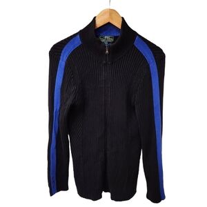 L-RL Ralph Lauren Active Black Logo Cotton Cable Knit Full Zip Up Cardig…
